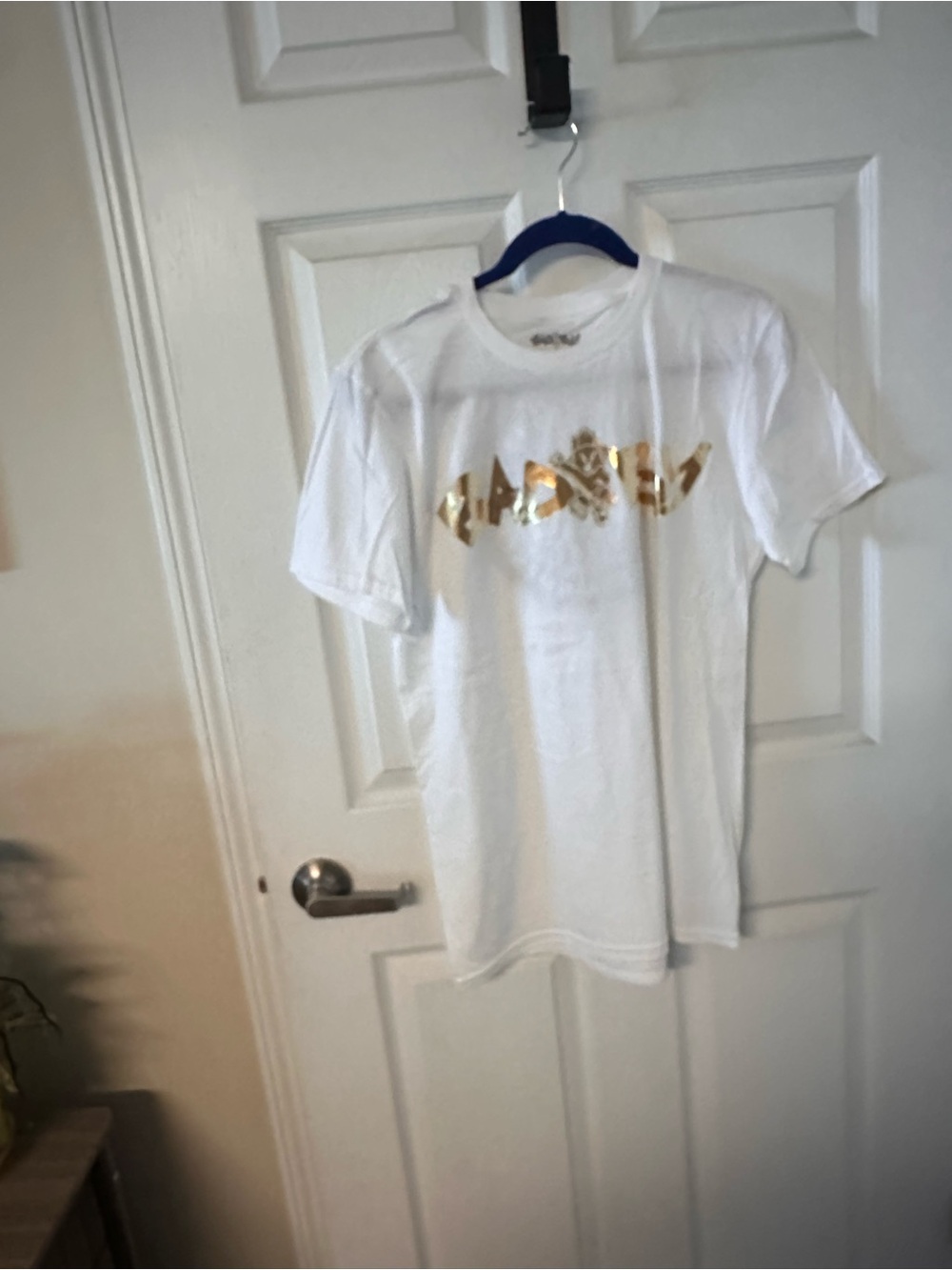 White Short Sleeve Tee with Gold Graphic